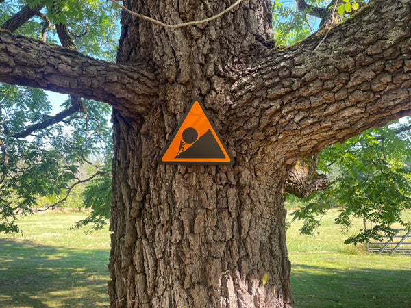 Triangular Sisyphus Warning Sign | Stuggle Against Absurdity | Handmade | Greek Mythology | Gift for Promotion, Graduation or Career Change