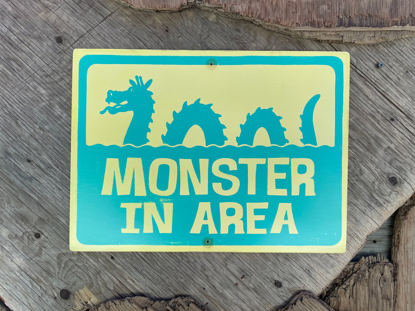Monster In Area Sign | Handmade | Ogopogo | Loch Ness monster | Mythical Creature | Pool and Hot tub décor | Ocean | Beach | Lake