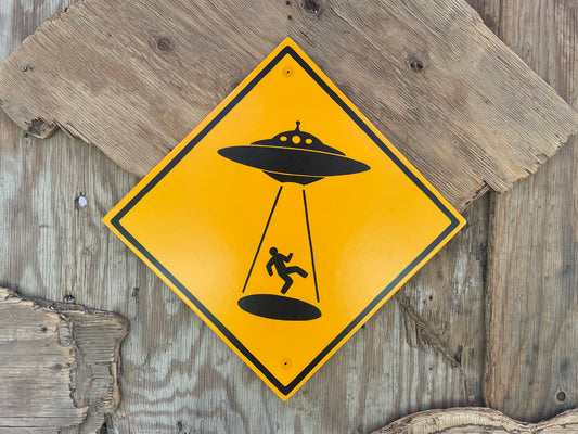 UFO Tractor Beam Sign | Handmade | Alien Abduction Warning Sign | Retro Flying Saucer | Space Theme Decor | Sci-fi | Science Fiction