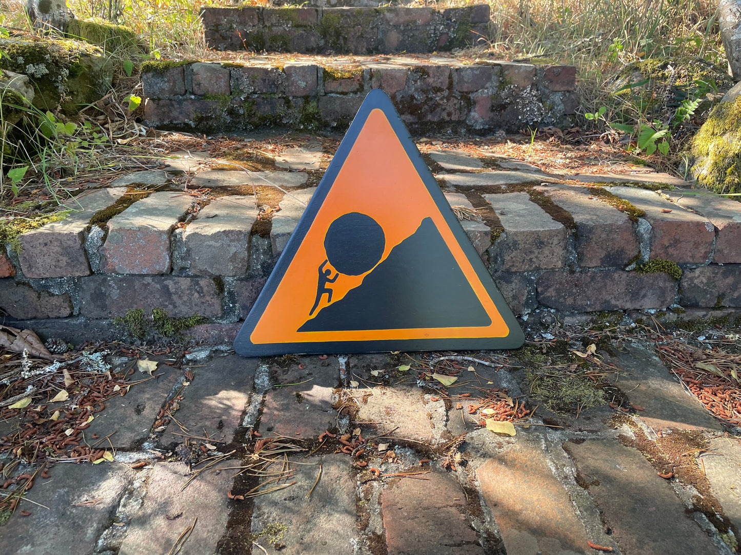 Triangular Sisyphus Warning Sign | Stuggle Against Absurdity | Handmade | Greek Mythology | Gift for Promotion, Graduation or Career Change