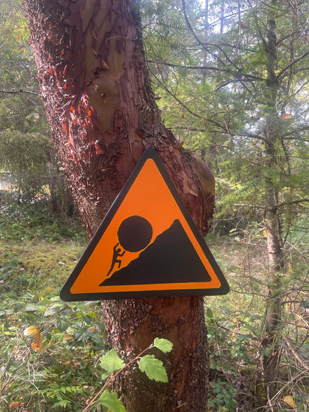 Triangular Sisyphus Warning Sign | Stuggle Against Absurdity | Handmade | Greek Mythology | Gift for Promotion, Graduation or Career Change