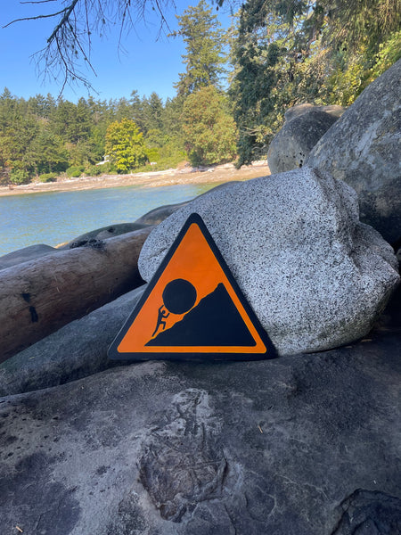 Triangular Sisyphus Warning Sign | Stuggle Against Absurdity | Handmade | Greek Mythology | Gift for Promotion, Graduation or Career Change