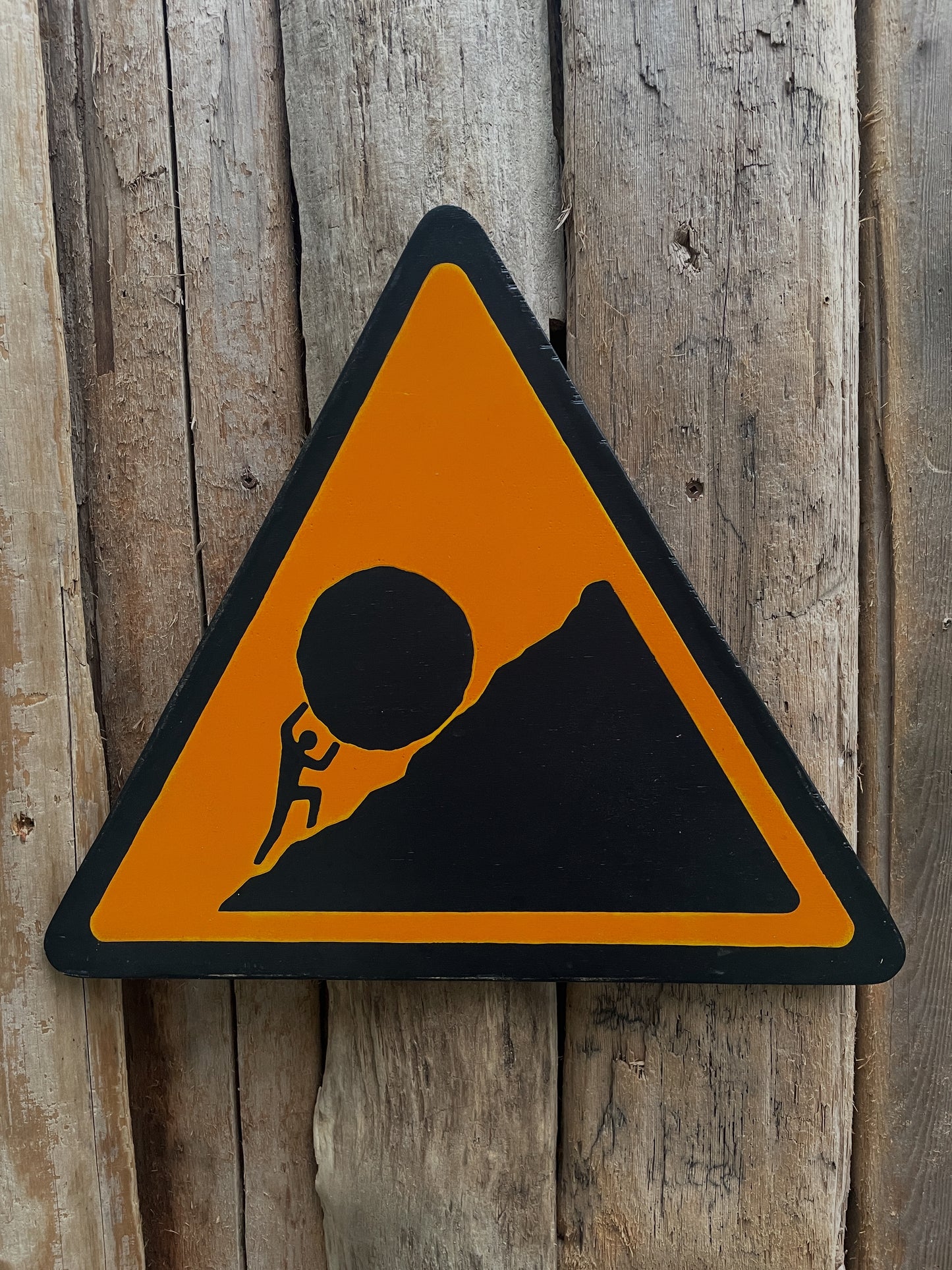 Triangular Sisyphus Warning Sign | Stuggle Against Absurdity | Handmade | Greek Mythology | Gift for Promotion, Graduation or Career Change