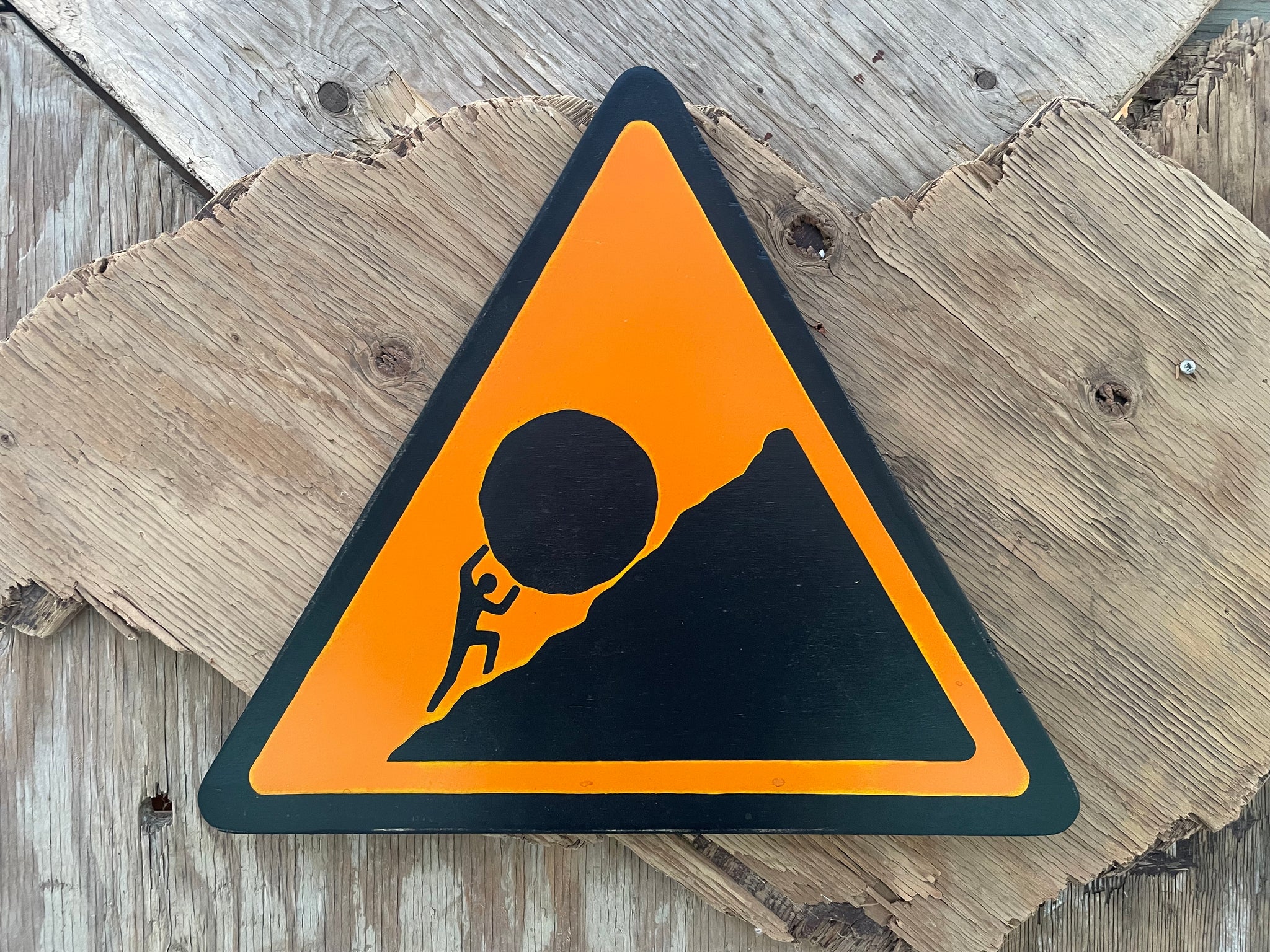 Triangular Sisyphus Warning Sign | Stuggle Against Absurdity | Handmade | Greek Mythology | Gift for Promotion, Graduation or Career Change