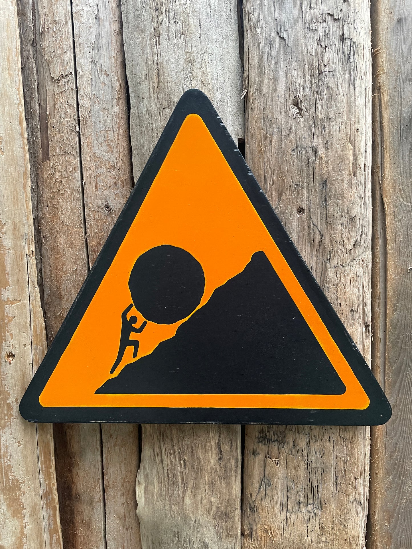 Triangular Sisyphus Warning Sign | Stuggle Against Absurdity | Handmade | Greek Mythology | Gift for Promotion, Graduation or Career Change