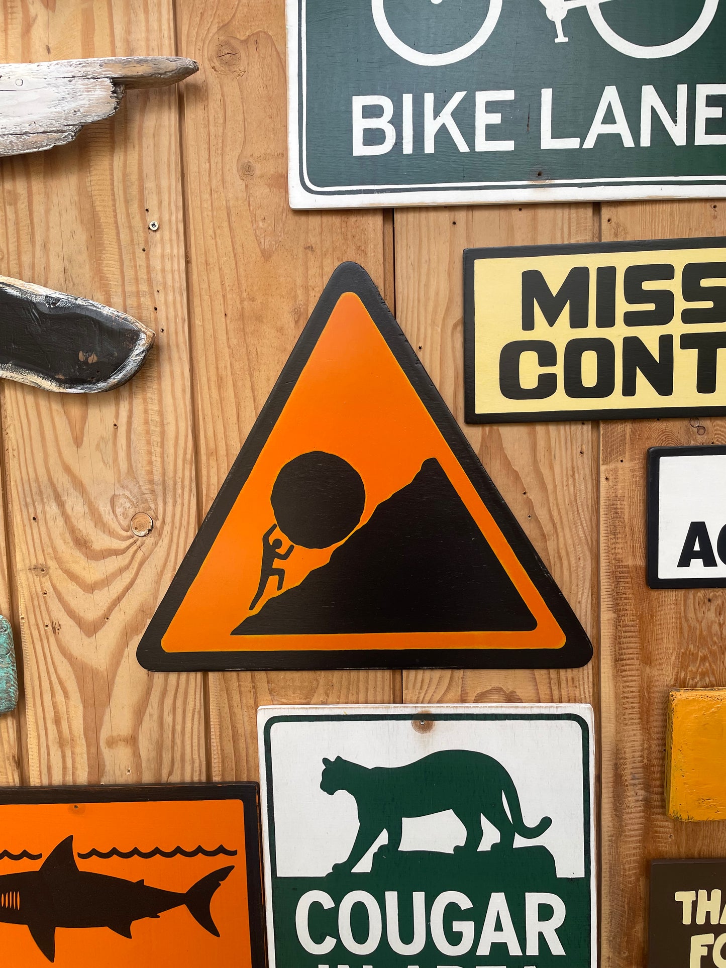 Triangular Sisyphus Warning Sign | Stuggle Against Absurdity | Handmade | Greek Mythology | Gift for Promotion, Graduation or Career Change