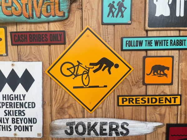 Obscure Cyclist Warning Sign | Handmade | Funny Urban Bike Sign | Streetcar | Train | Tram | Railroad Tracks | Dark Humor | Bicycle