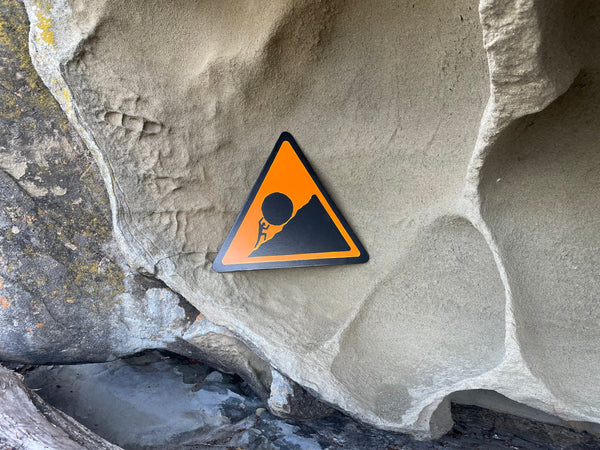 Triangular Sisyphus Warning Sign | Stuggle Against Absurdity | Handmade | Greek Mythology | Gift for Promotion, Graduation or Career Change