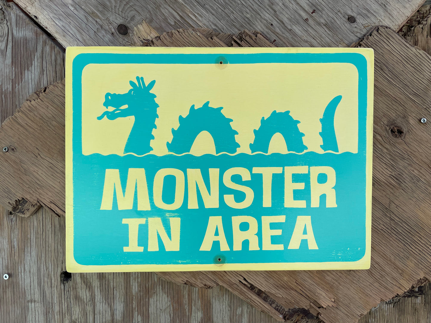 Monster In Area Sign | Handmade | Ogopogo | Loch Ness monster | Mythical Creature | Pool and Hot tub décor | Ocean | Beach | Lake