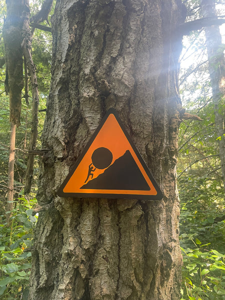 Triangular Sisyphus Warning Sign | Stuggle Against Absurdity | Handmade | Greek Mythology | Gift for Promotion, Graduation or Career Change