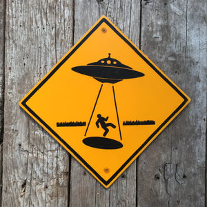 Handmade Vintage UFO Alien Abduction Stickman Warning Sign