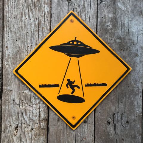 Handmade Vintage UFO Alien Abduction Stickman Warning Sign