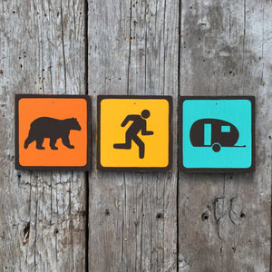 Park Icon Sign Set "Bear Chasing Man Into Trailer" | Handmade Vintage | Campground Signs | National Park | State Park | Provincial Park