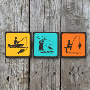 Handmade Vintage Boat Dock Fly Fishing Park Outdoors Sport Icon Sign Set