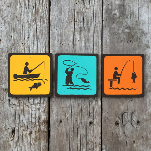 Handmade Vintage Boat Dock Fly Fishing Park Outdoors Sport Icon Sign Set