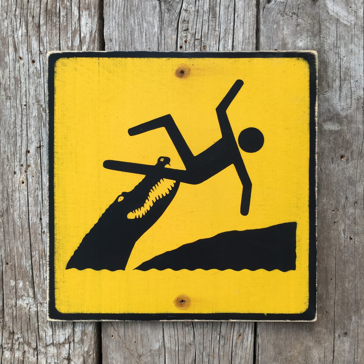 Handmade Vintage Crocodile Or Alligator Stickman Warning Sign