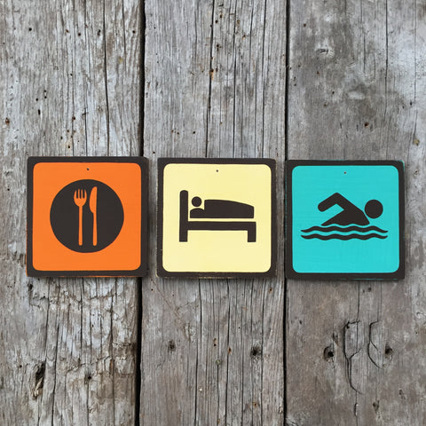 Handmade Vintage Eat Sleep Swim Park Outdoors Sport Icon Sign Set
