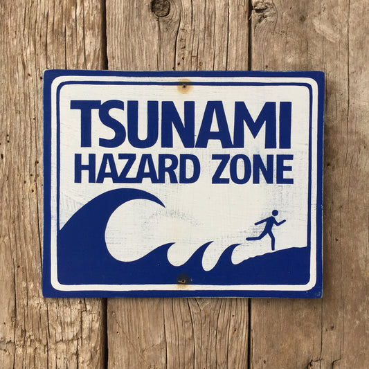 Handmade Vintage Tsunami Hazard Zone Beach Stickman Warning Sign