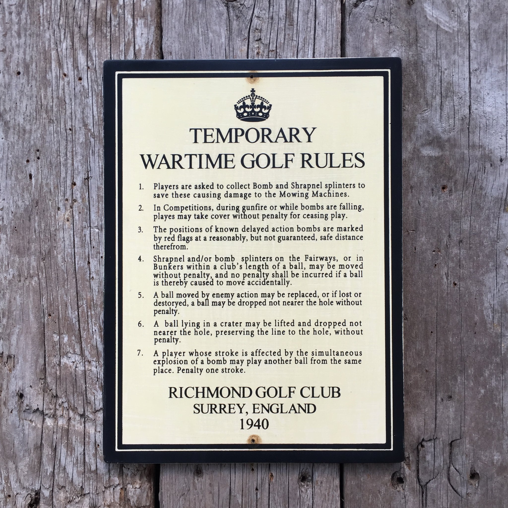 Handmade Vintage WWII Temporary Wartime Golf Rules Sign