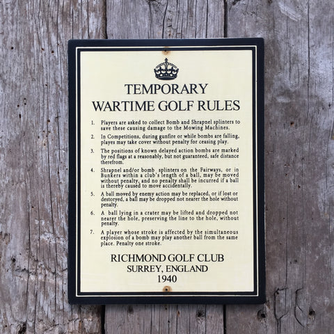 Handmade Vintage WWII Temporary Wartime Golf Rules Sign