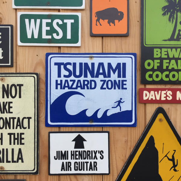 Tsunami Hazard Zone Warning Sign | Handmade Vintage | Coastal Beach Themed Danger Sign | Tropical Ocean High Surf Sign