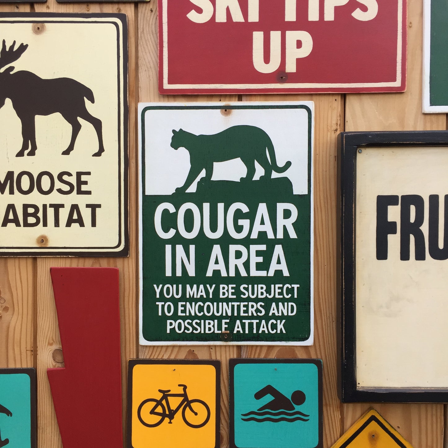 Cougar In Area Warning Sign | Handmade Screen Printed | Mountain Lion Wildlife Sign | National Park Style | Provincial Park | State Park