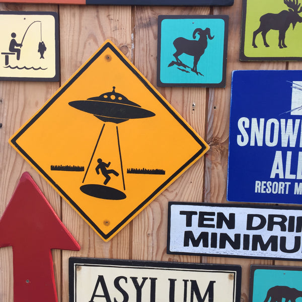 Alien Abduction UFO Warning Sign | Handmade Vintage | Flying Saucer Space Art | Extraterrestrial Sci-fi Themed Decor