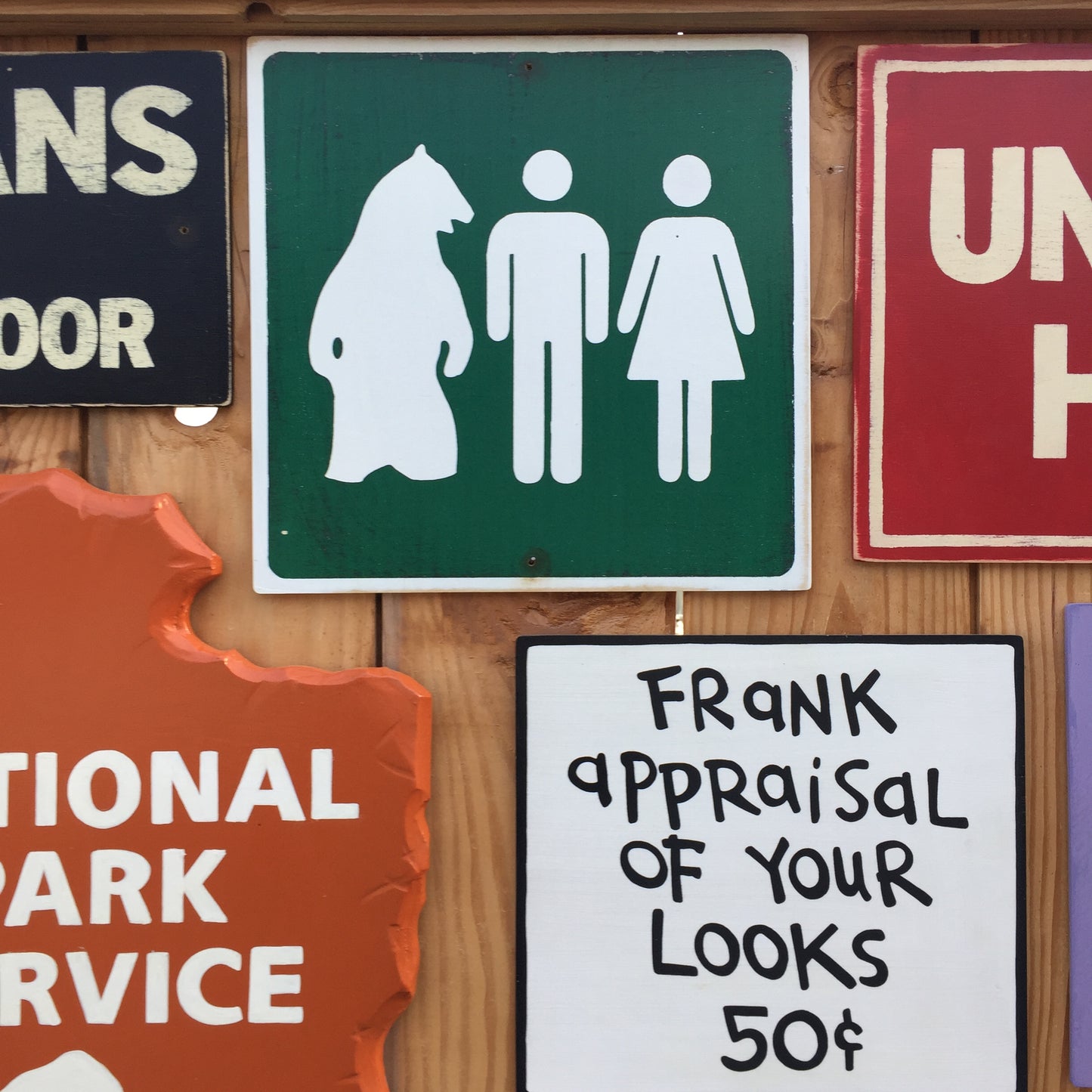 Man Woman Bear Sign | Handmade Screen Printed |  | National Park Style Campground Sign | Funny Bathroom Sign | Restroom Sign | Washroom Sign