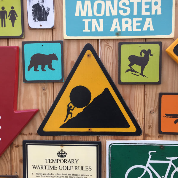Sisyphus "Endless Struggle" Warning Sign | Handmade Vintage | Greek Mythology Themed Office Sign | Funny philosophy Sign | Mountain