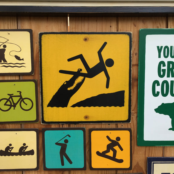 Crocodile Warning Sign | Handmade Vintage | Crocodile Attack Sign | Australia | Animal Reptile Sign | Crocodile Eating Stick Figure