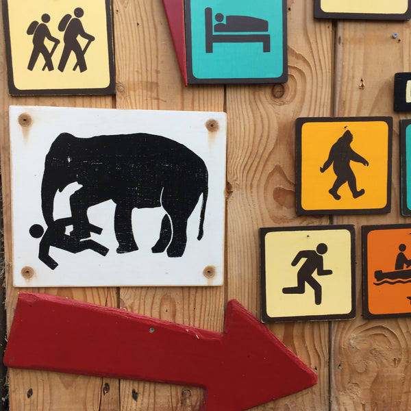 Elephant Warning Sign | Handmade Vintage | Thailand Work Elephant Sign | Animal | Elephant Trample Sign