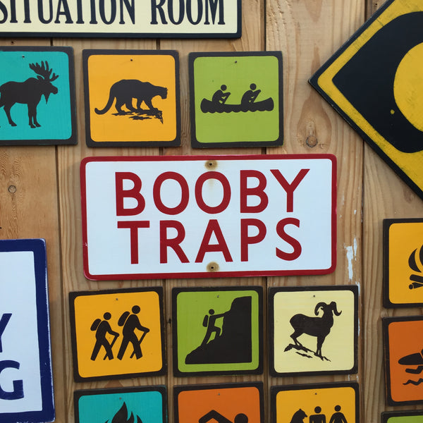 Booby Traps Sign | WW2 Replica | Handmade Screen Printed Wooden Sign