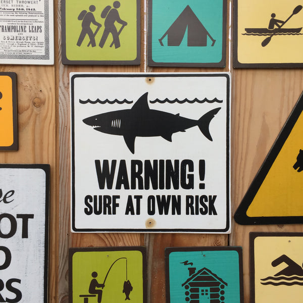 Surf At Own Risk Shark Warning Sign | Handmade Vintage | Surfing Sign | Tropical Beach Surfing Sign | Coastal Shark Attack Sign | Ocean