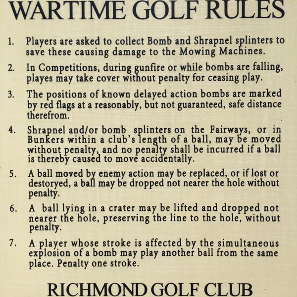 WWII "Temporary Wartime Golf Rules" Sign | Handmade Vintage | WW2 | History | World War Two | Golfing | Keep Calm Carry On | Historical Sign